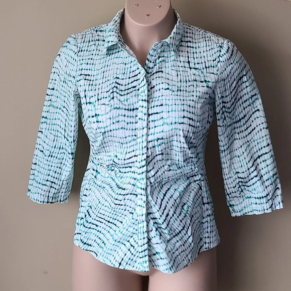 Lafayette 148 New York women's button down shirt stretch sz. 8 white/green/black - Picture 3 of 10